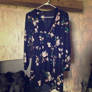 Navy flowy above knee dress, long sleeve